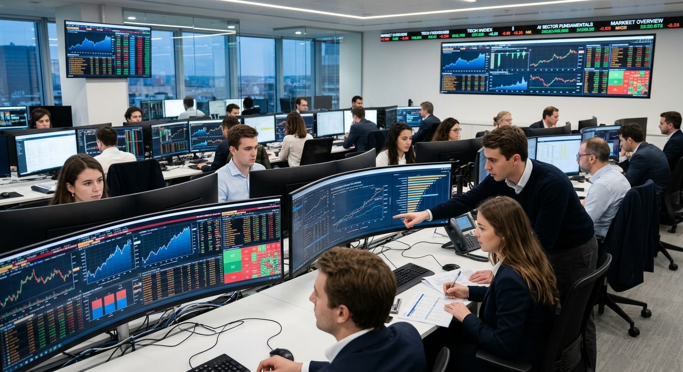 Salle de marchés technologiques avec graphiques boursiers et données d'analyse financière sur l'introduction boursière d'une licorne de l'intelligence artificielle