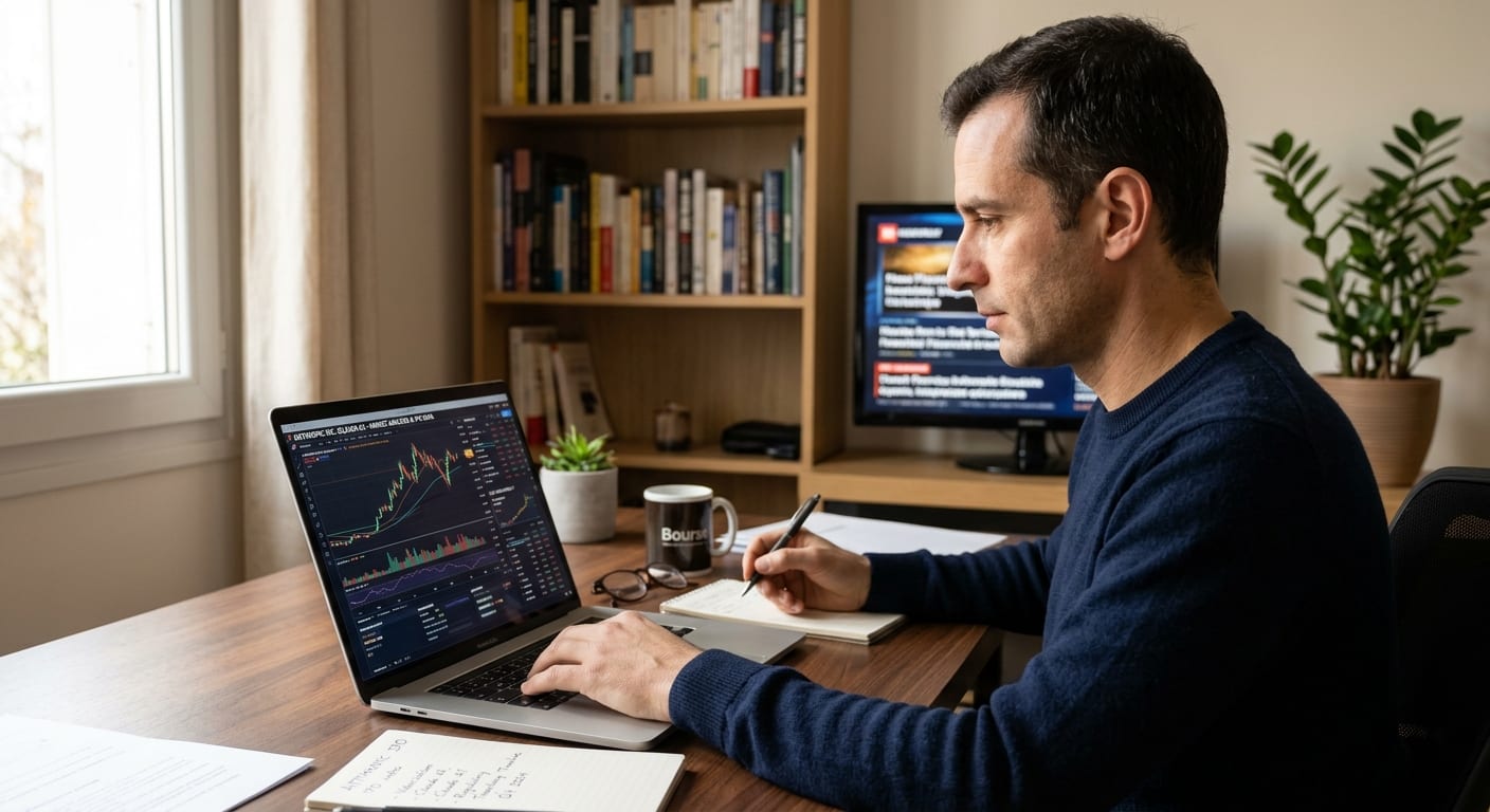 Investisseur particulier analysant sur ordinateur portable les graphiques boursiers et les perspectives d'une future cotation technologique américaine
